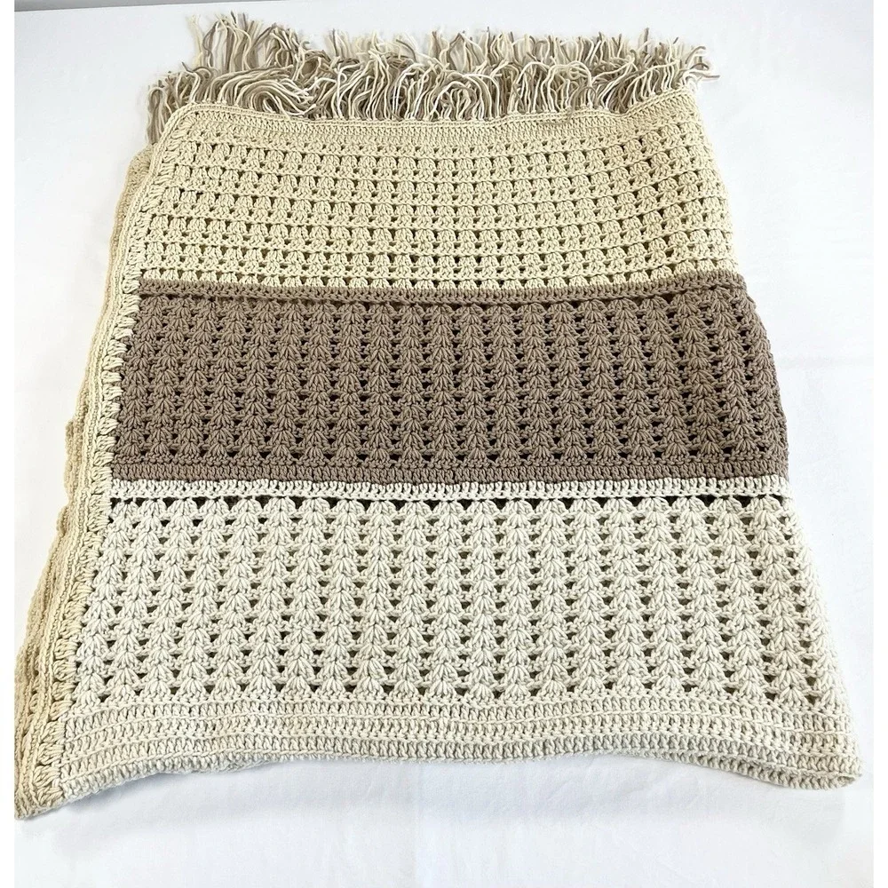 Vintage Waffle Stitch Crochet Afghan Blanket Fringed Throw Large‎ Tan Cream Boho